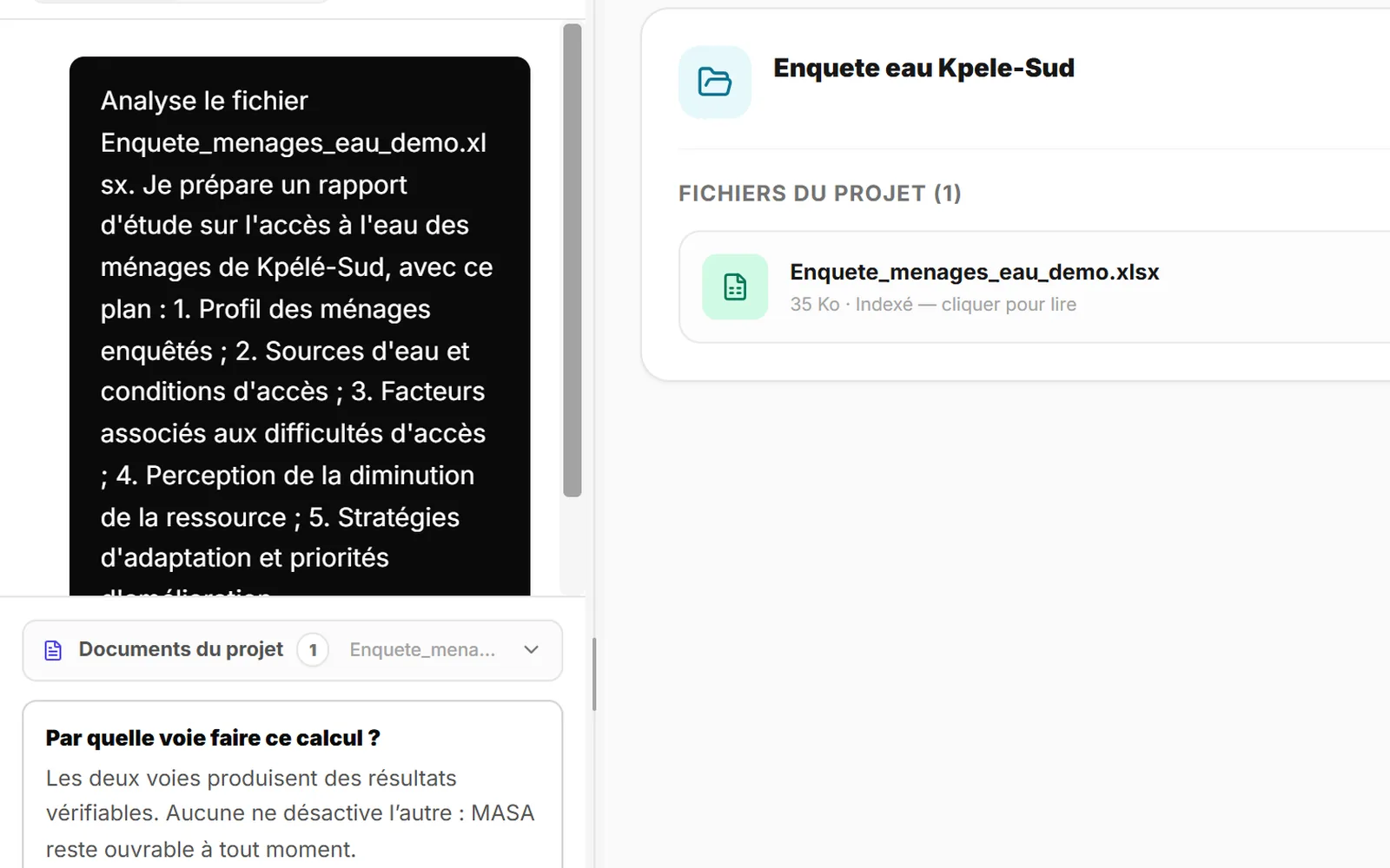 La demande d’analyse saisie dans le chat d’ARIA Lab, avec le plan du rapport en cinq parties.
