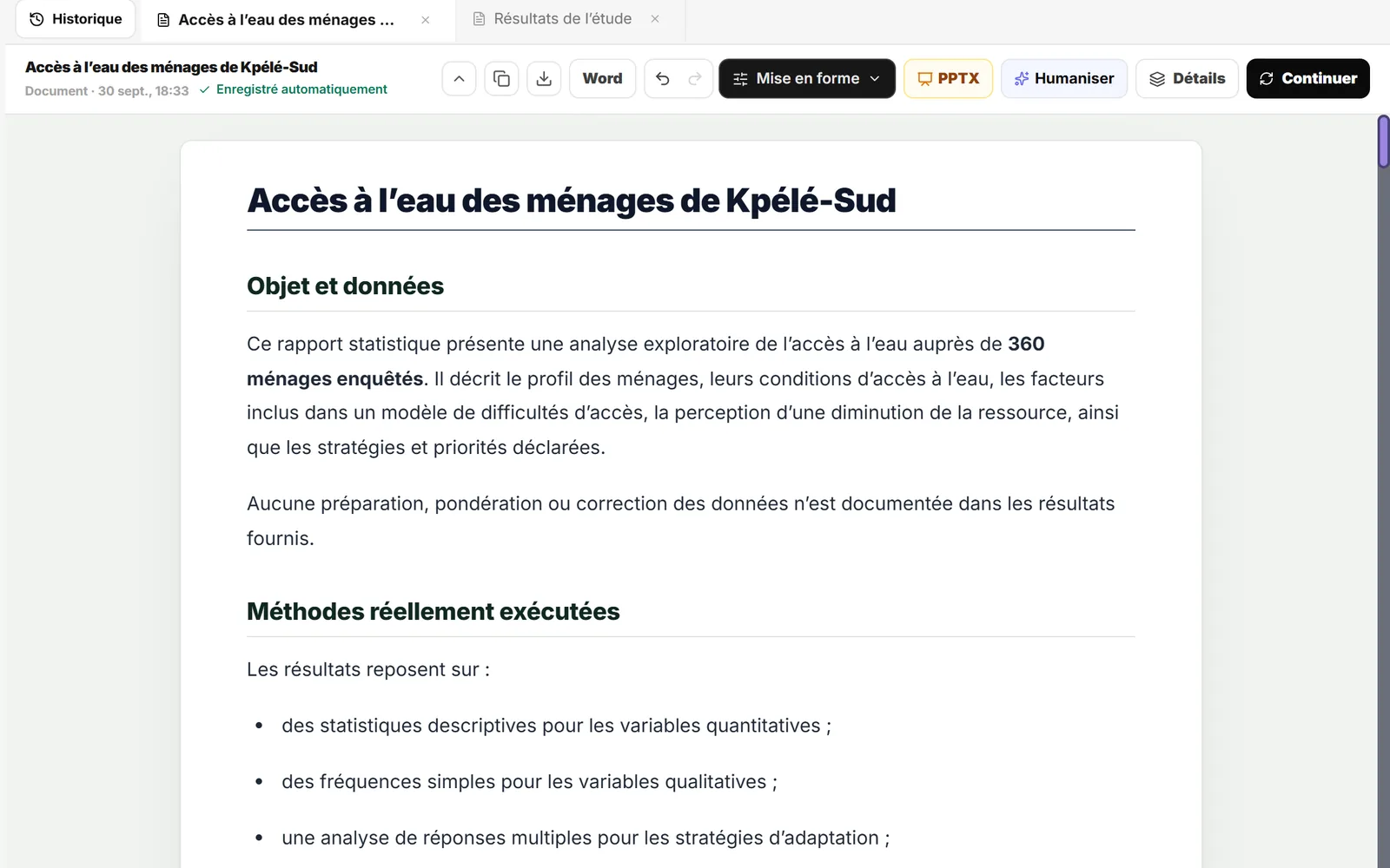Le rapport « Accès à l’eau des ménages » rédigé dans le Canvas, à côté des fichiers produits.