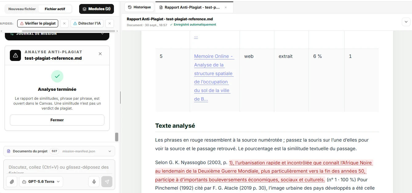 Texte analysé : une phrase surlignée en rouge renvoie à la source numéro 1 avec 100 % de similitude ; le tableau des sources figure au-dessus.