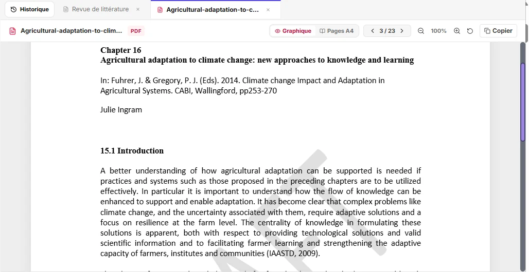 Le PDF « Agricultural adaptation to climate change » ouvert dans ARIA Lab à la page 3 sur 23, à côté de l’onglet de la revue de littérature.