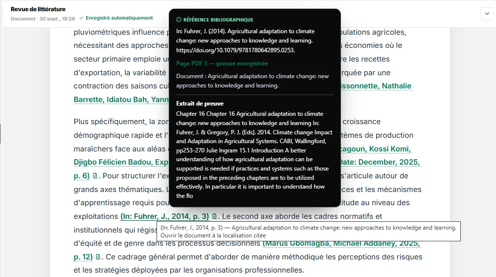 Revue de littérature dans le Canvas : au survol d’une citation, une fenêtre affiche la référence bibliographique, la page 3 du PDF et l’extrait de preuve.